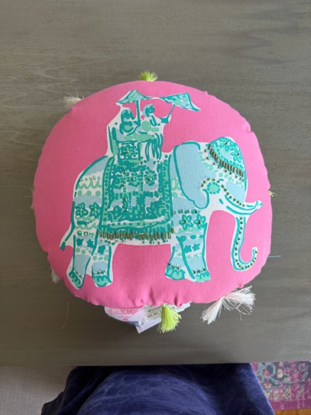 NWT Lilly Pulitzer Pottery Barn 14” round pillow pink elephant Bazar tassels